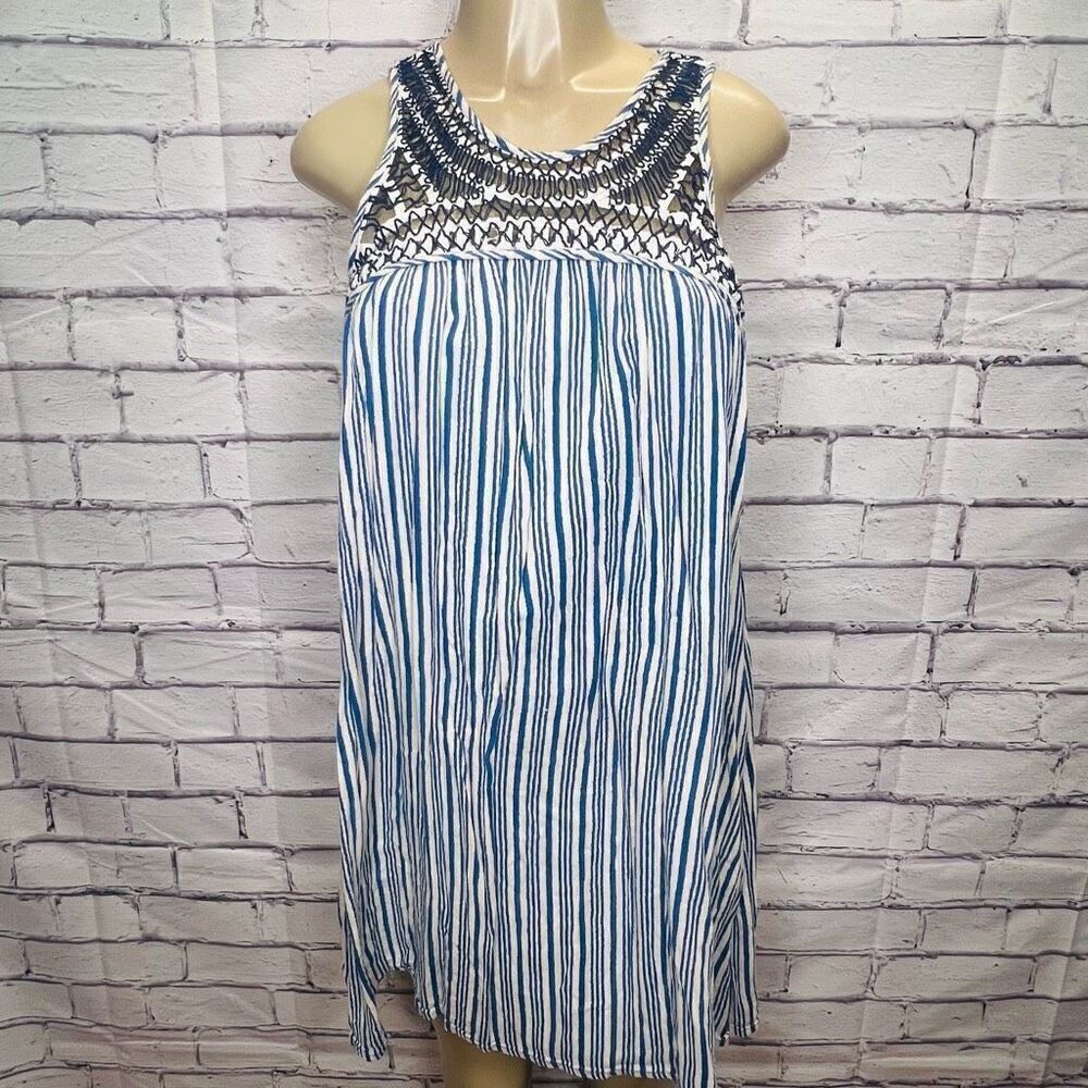 Ecote Womens Blue White Crochet Yoke Striped Dress Size Large